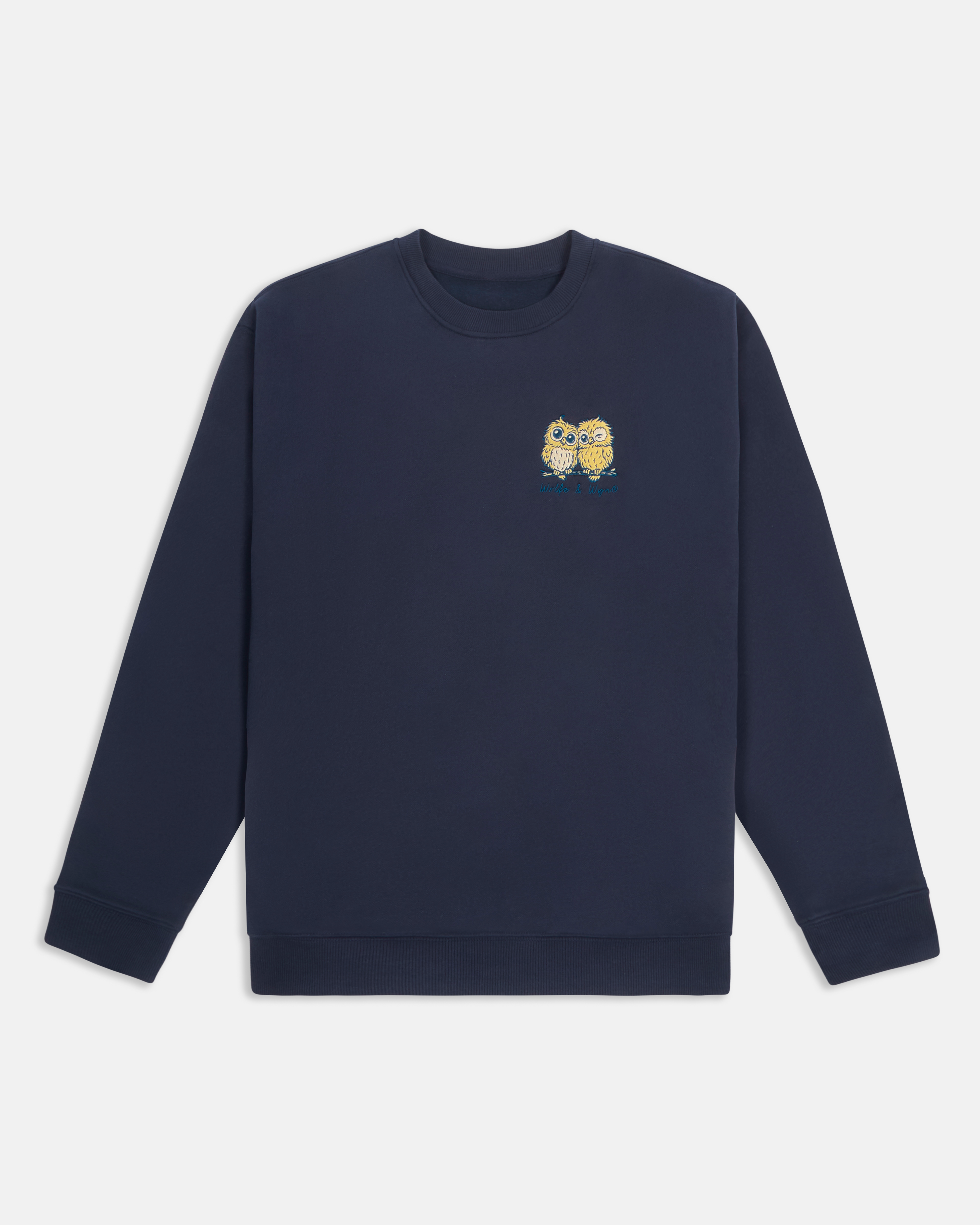 Navy blue sweatshirt with a small yellow and white design on a light gray background