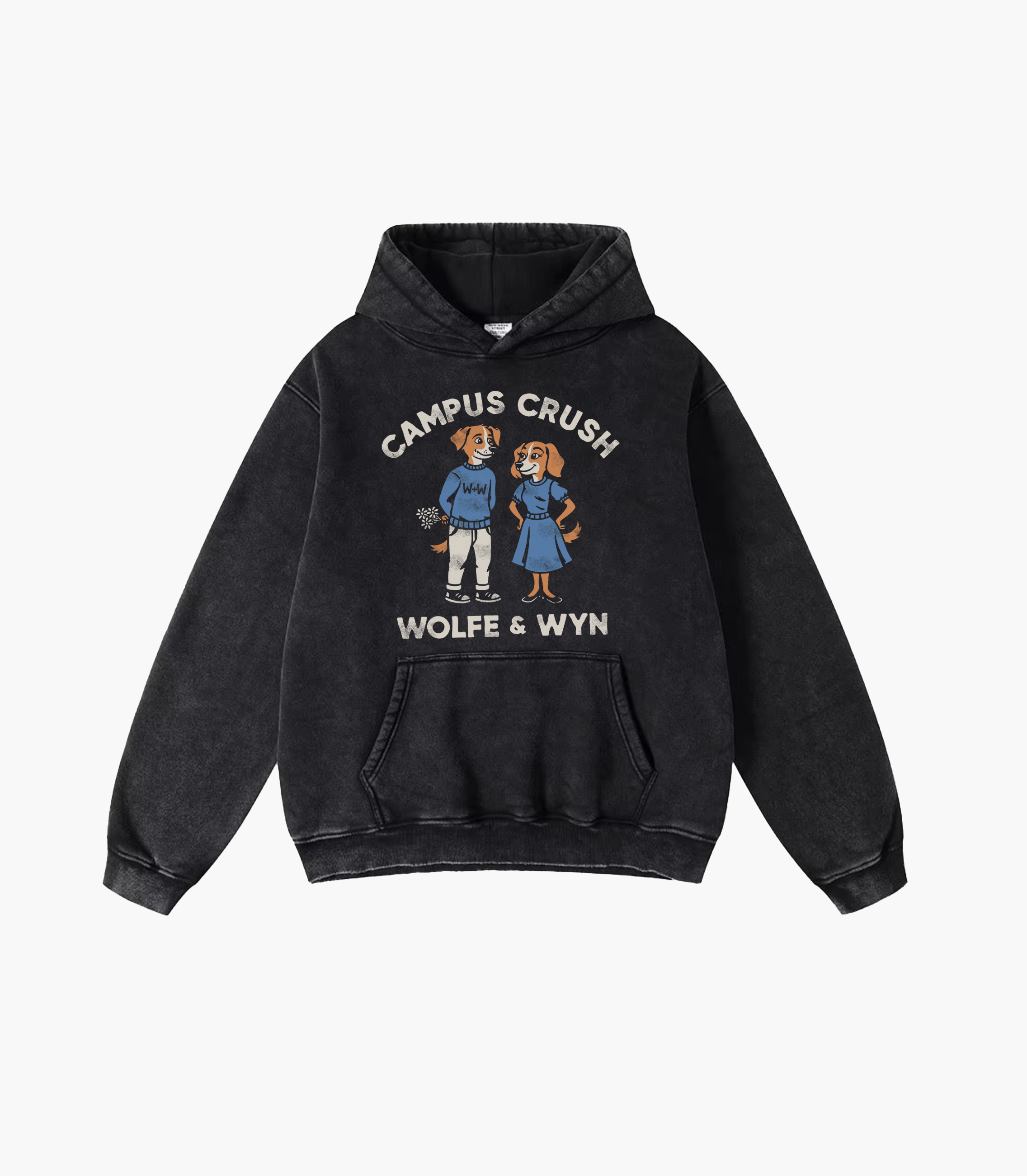 Black hoodie with graphic design and text on a white background