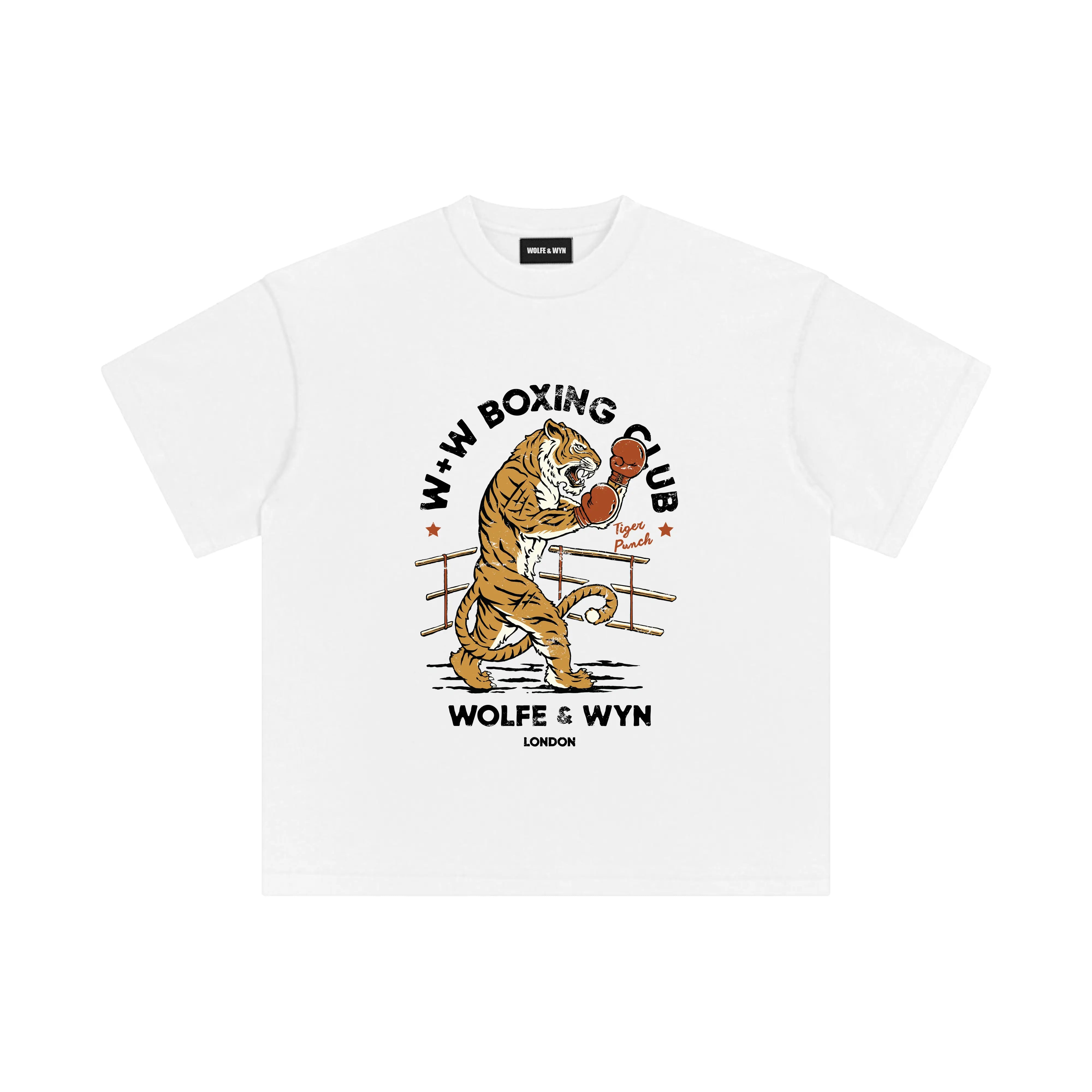 White t-shirt with a tiger boxing graphic and text on a white background