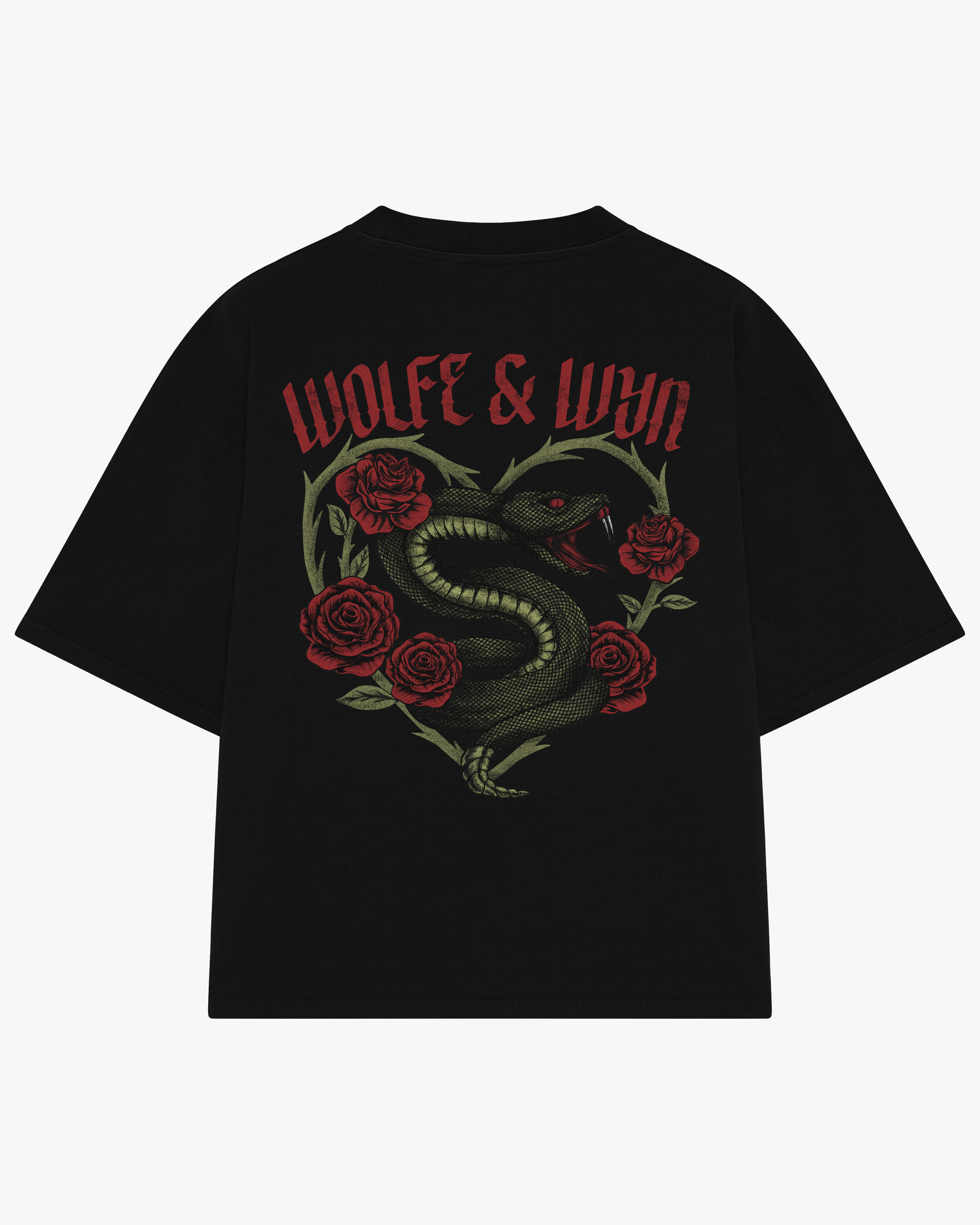 Black t-shirt with snake and rose design and 'Wolfe & Win' text on a white background