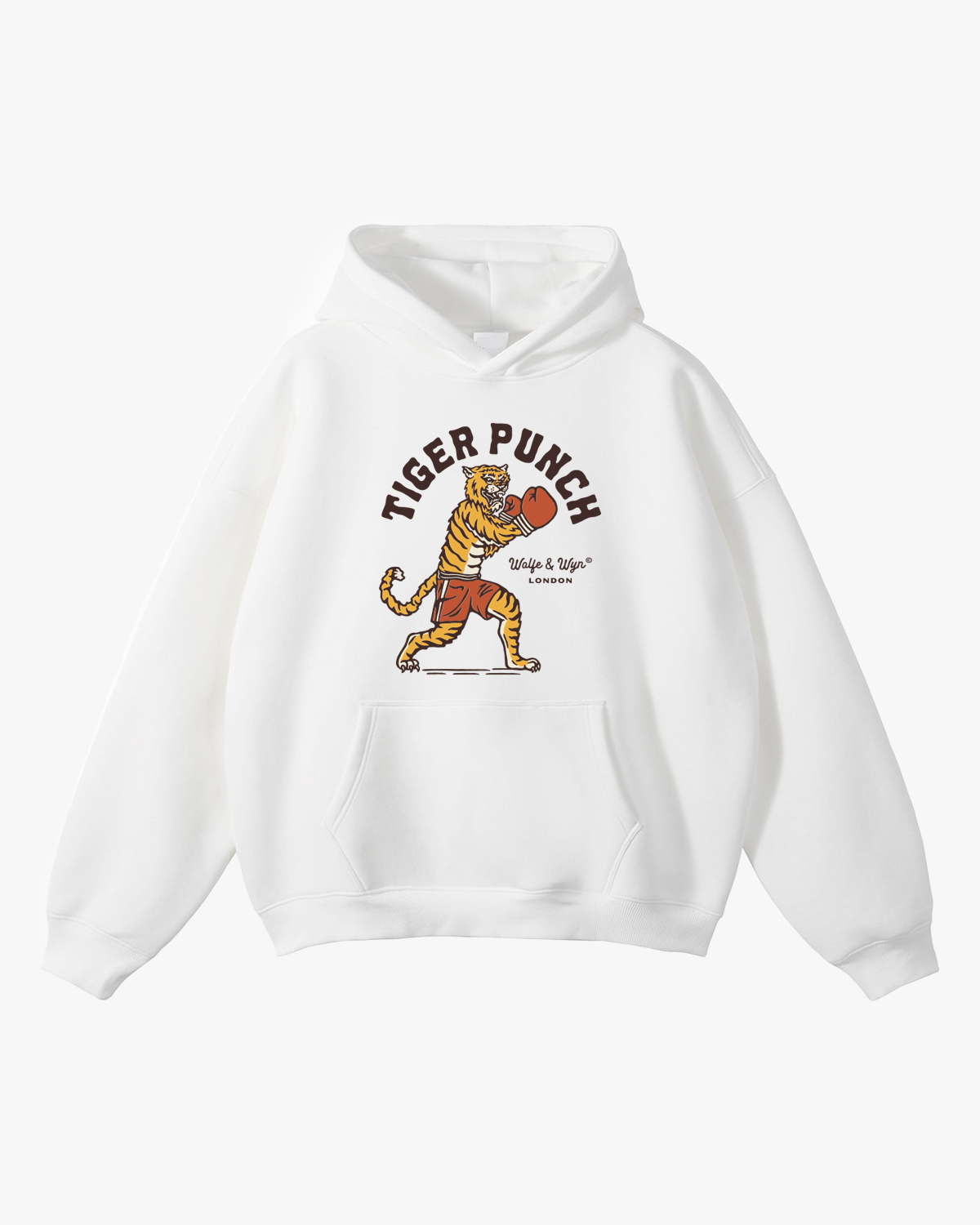 White hoodie with a tiger graphic and 'Tiger Punch' text on a white background