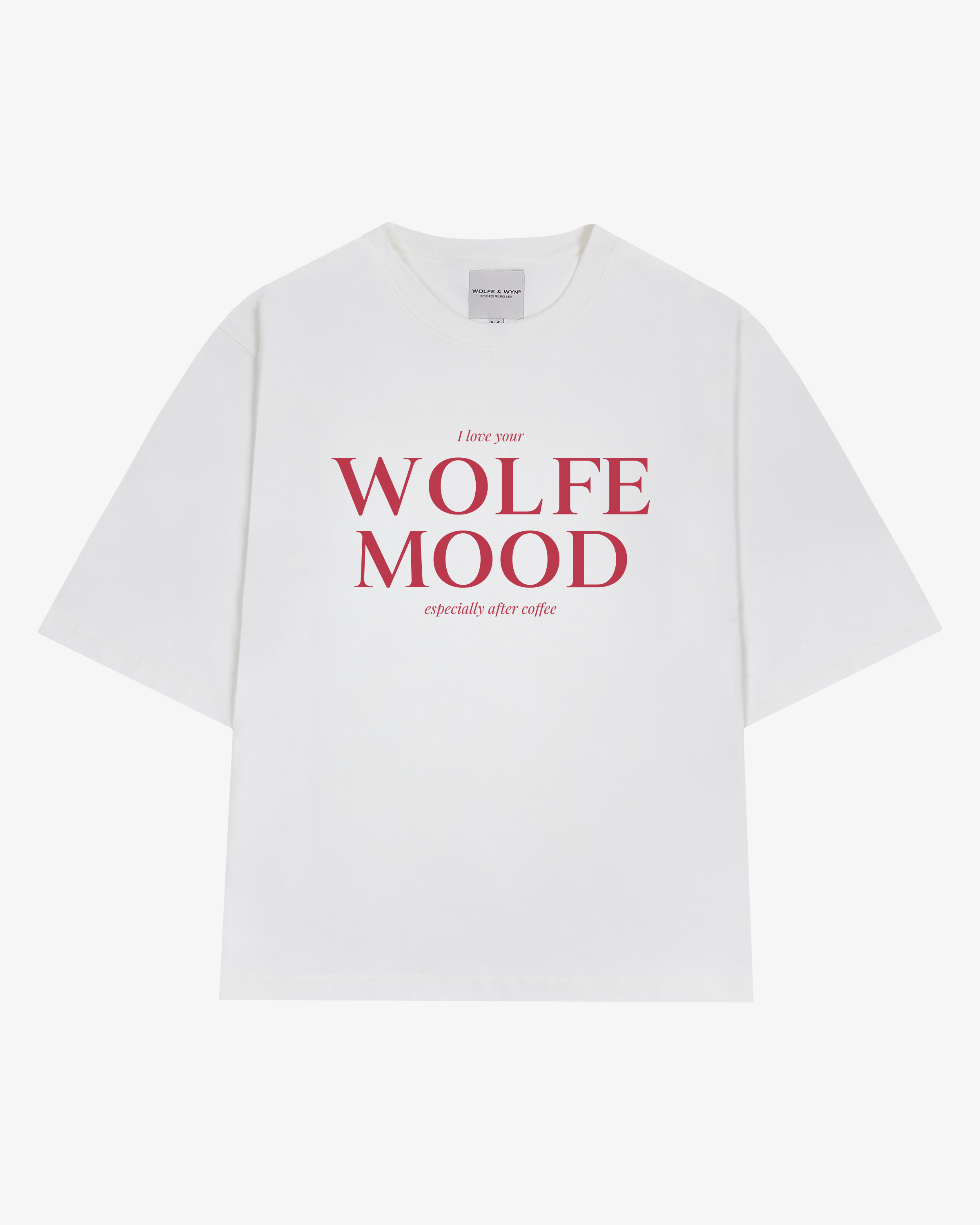 White t-shirt with red text 'WOLFE MOOD' on a white background
