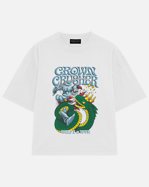 White t-shirt with graphic design and text on a white background
