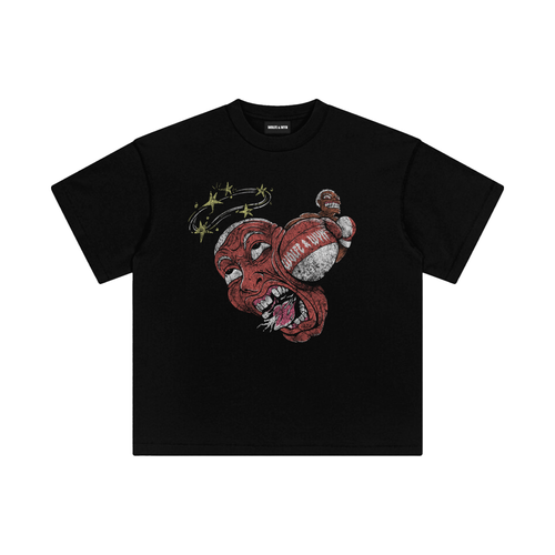 Black t-shirt with a graphic design on a white background
