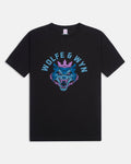 Black t-shirt with a wolf graphic and 'Wolfe & Wyn' text on a white background