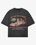 Black t-shirt with racing graphic and text on a white background
