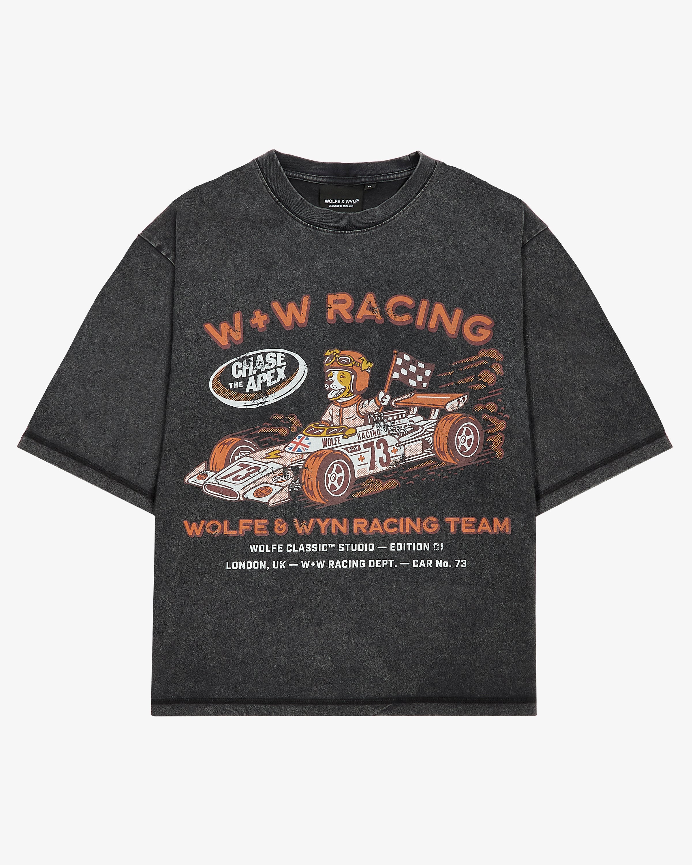 Black t-shirt with racing graphic and text on a white background