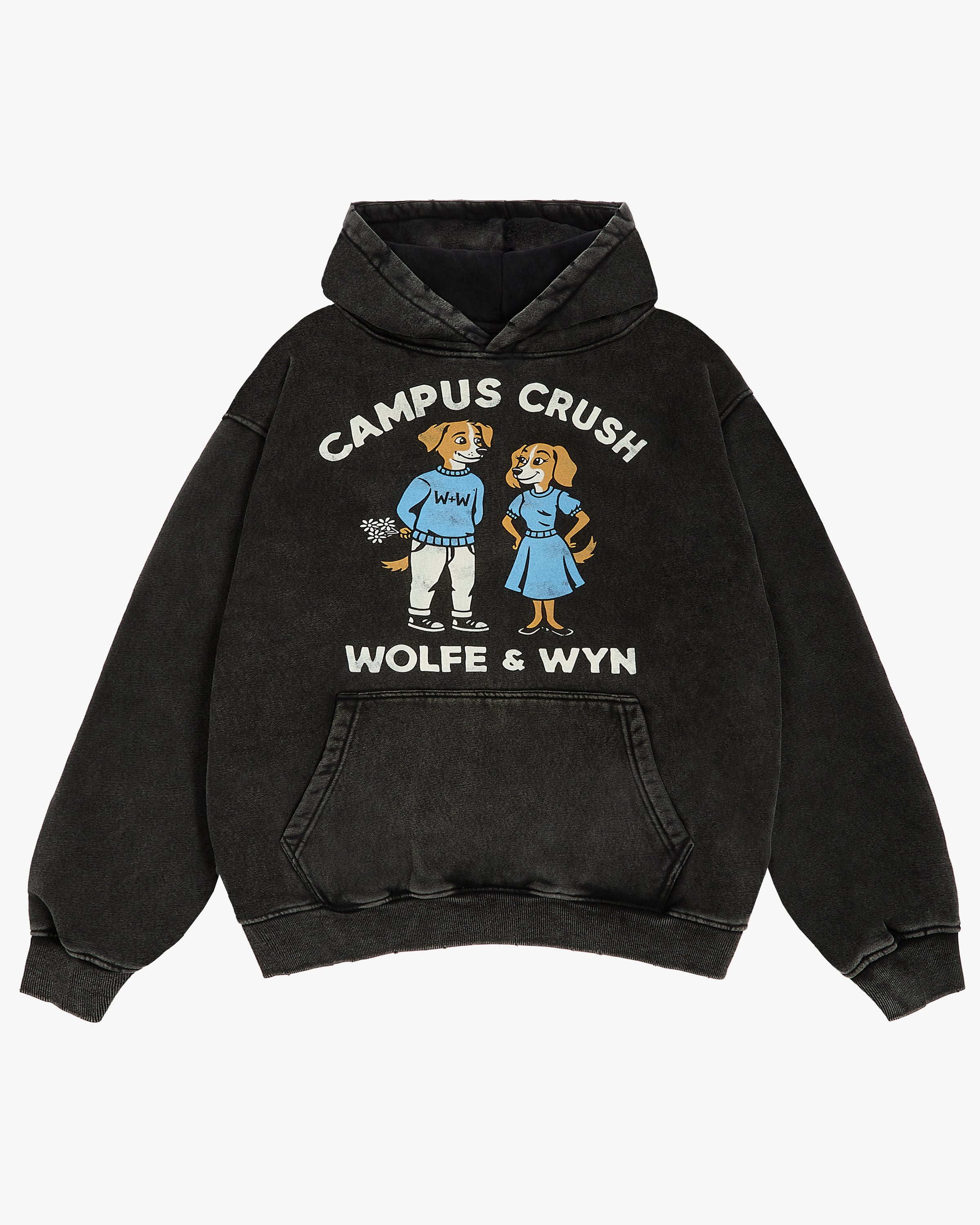 Black hoodie with 'Campus Crush' graphic and text on a white background