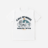 White t-shirt with 'Call of Night' design featuring trees and mountains, brand 'Wolfe & Wyn' visible.