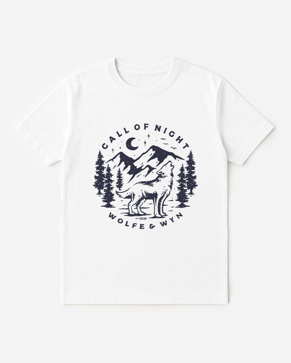 White t-shirt with black graphic design featuring a mountain and trees on a white background