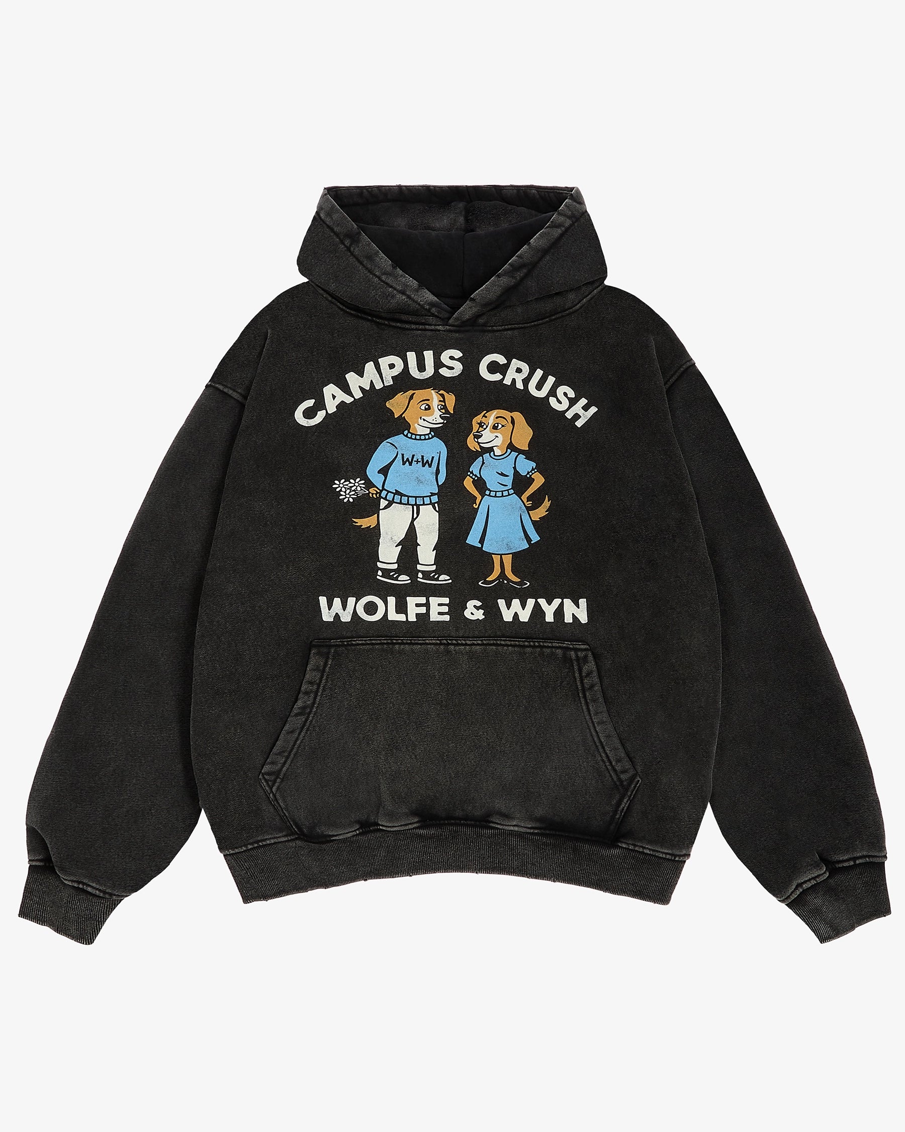 Black hoodie with 'Campus Crush' design featuring two cartoon characters and text on a white background