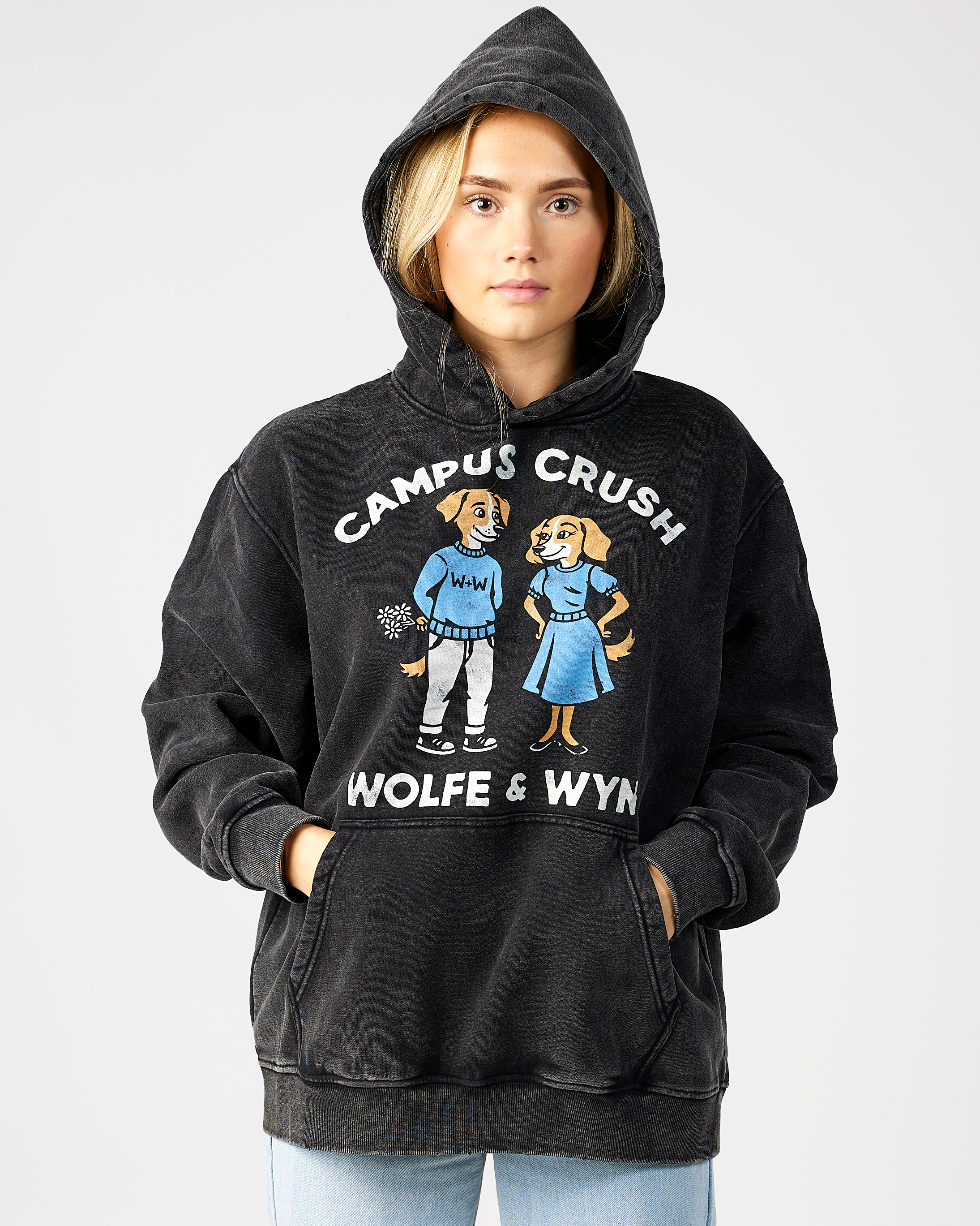 model wearing a black hoodie with 'Campus Crush' design and text, on a plain background