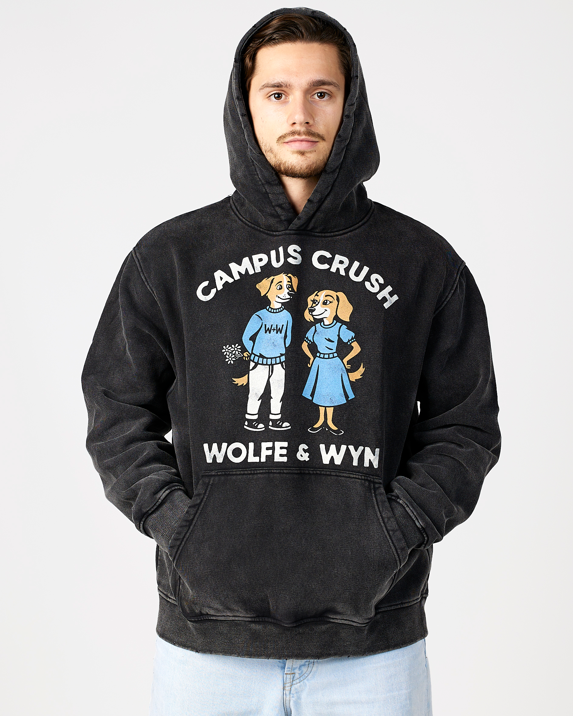 model wearing a black hoodie with 'Campus Crush' design and text, on a plain background