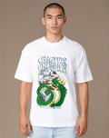 T-shirt blanc « Chevalier brise-couronne vs. Basilic poids lourd »