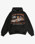 Black hoodie with racing-themed design on a white background