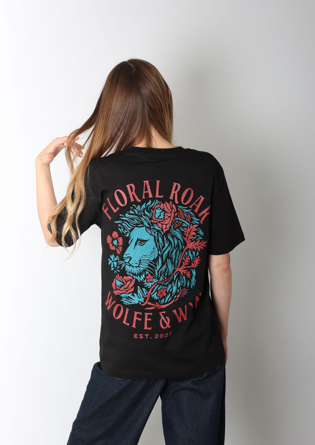 Floral Roar Lion with Flower T-shirt Black