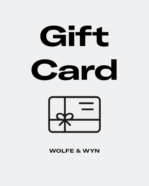 Gift card design with 'Wolfe & Wyn' branding on a white background