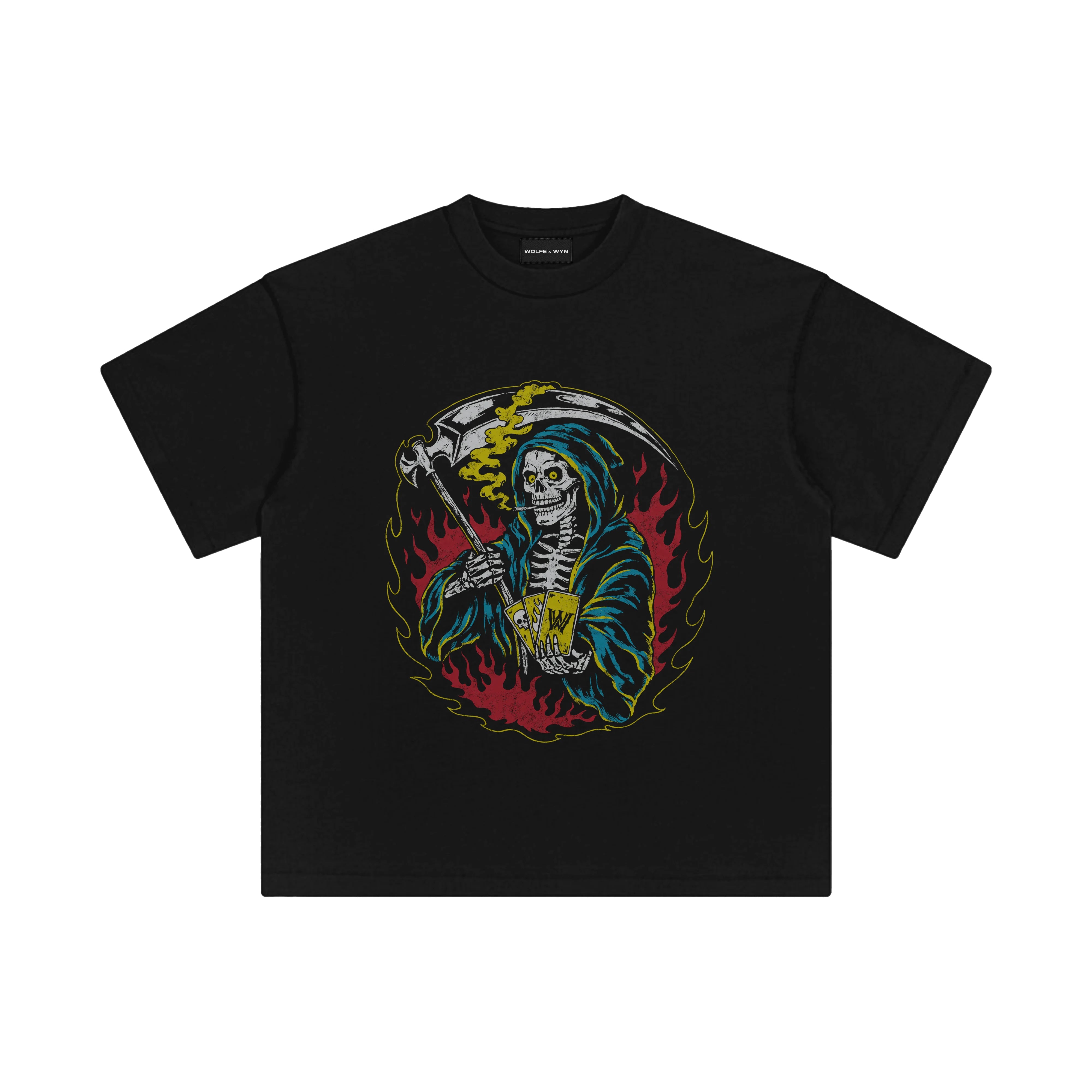 Black t-shirt with a colorful graphic of a skeleton holding a sword on a white background