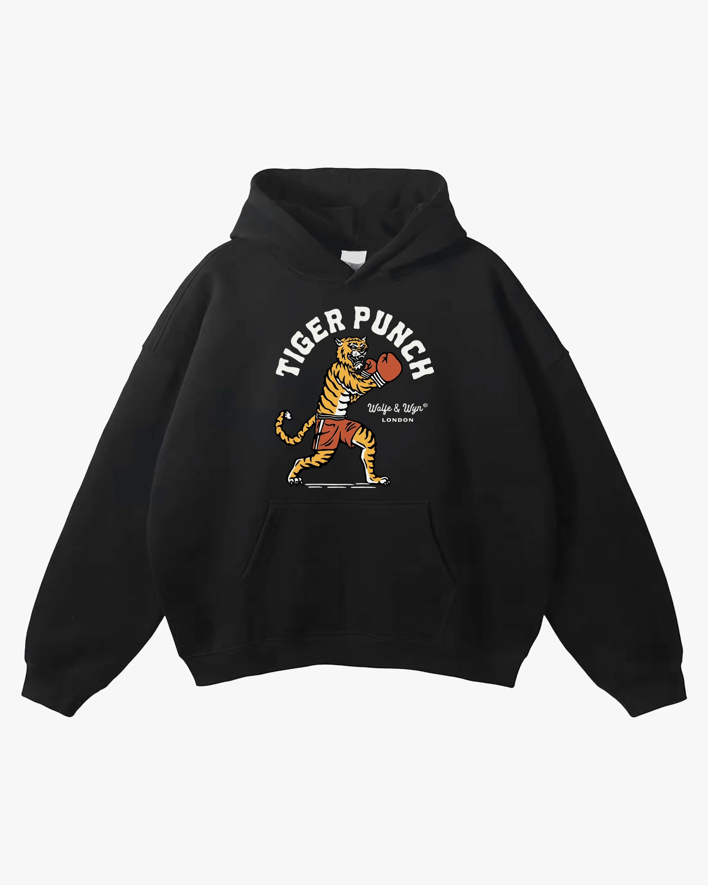 Black hoodie with a tiger graphic and 'Tiger Punch' text on a white background