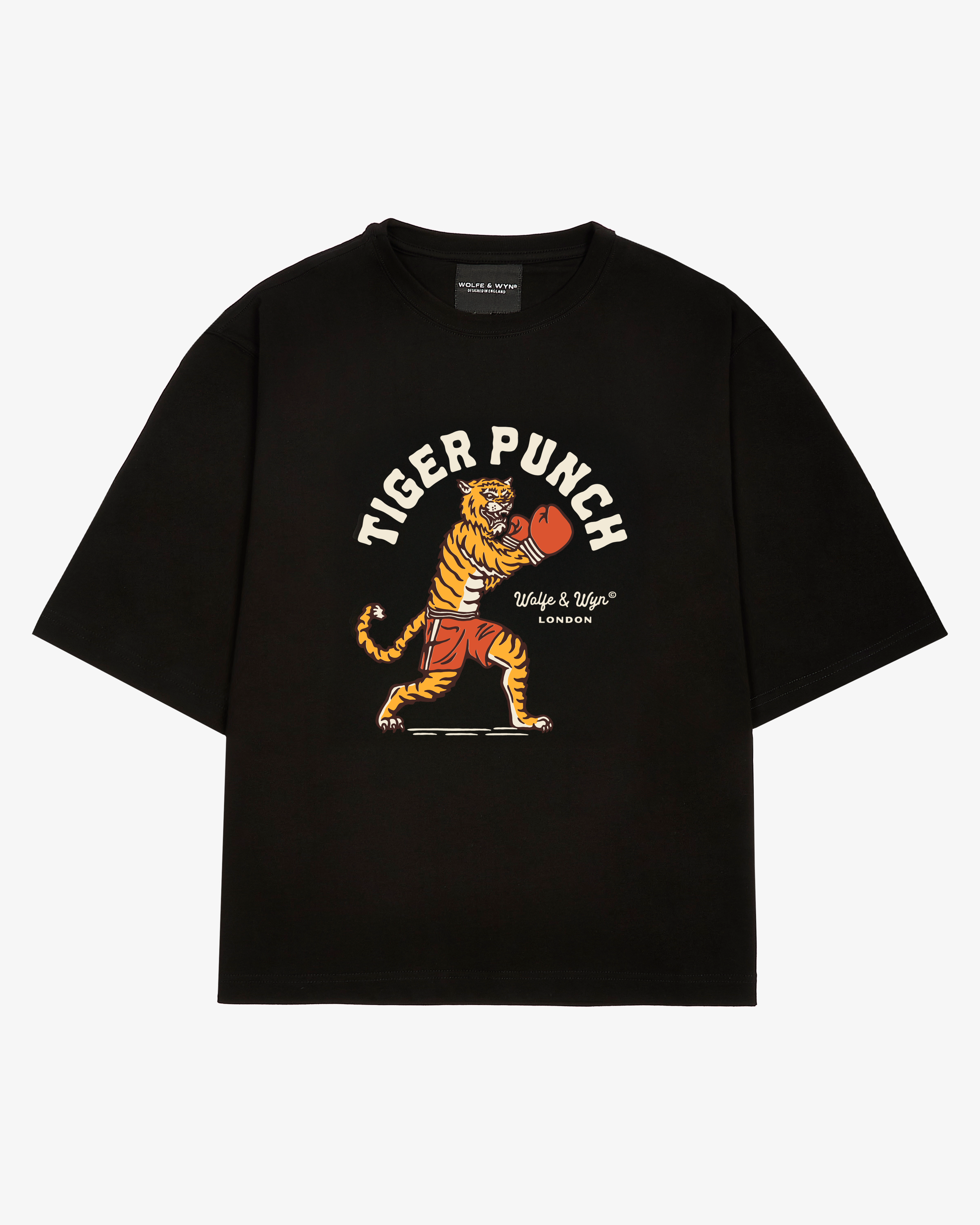 Black t-shirt with a tiger graphic and 'Tiger Punch' text on a white background