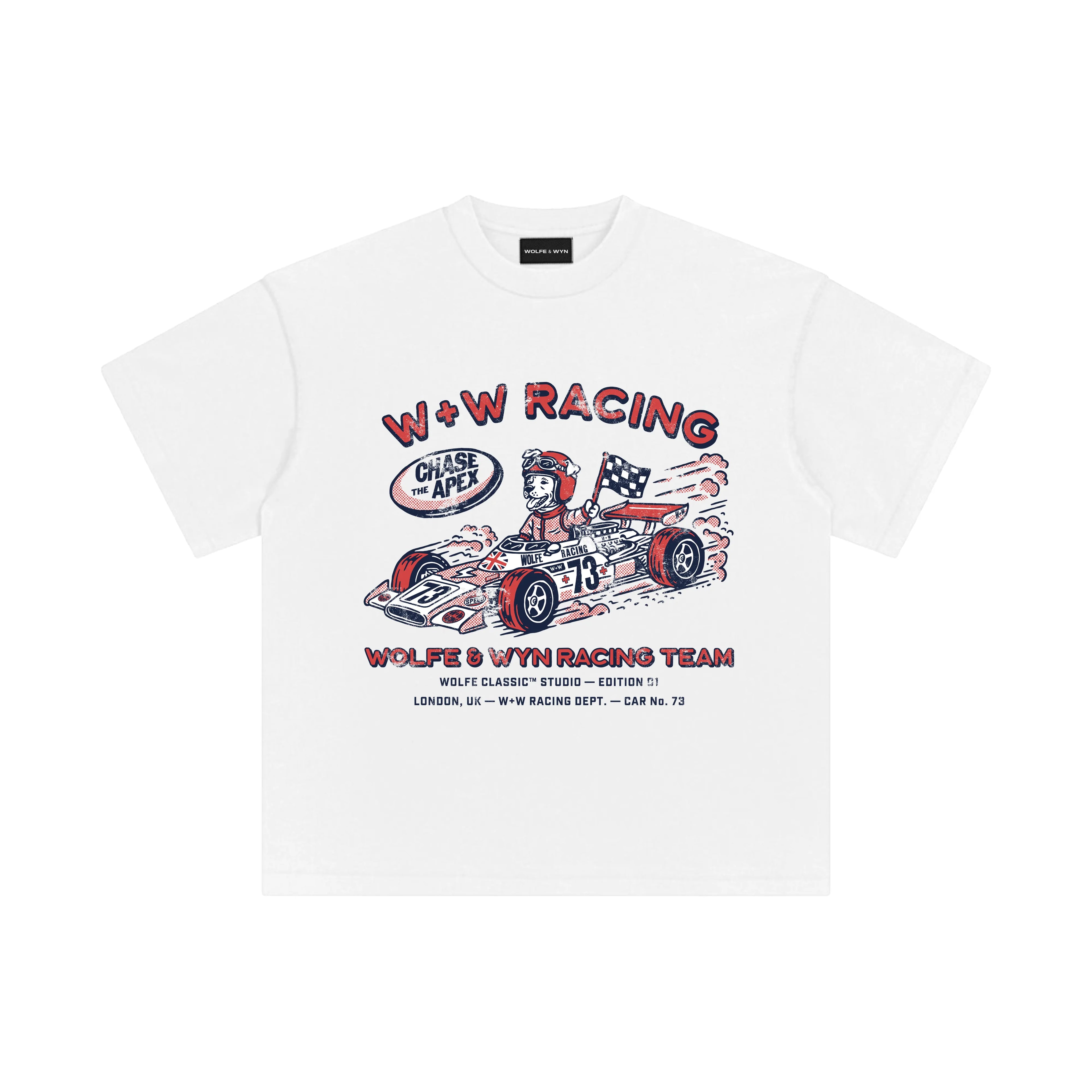 White t-shirt with racing graphic and text on a white background