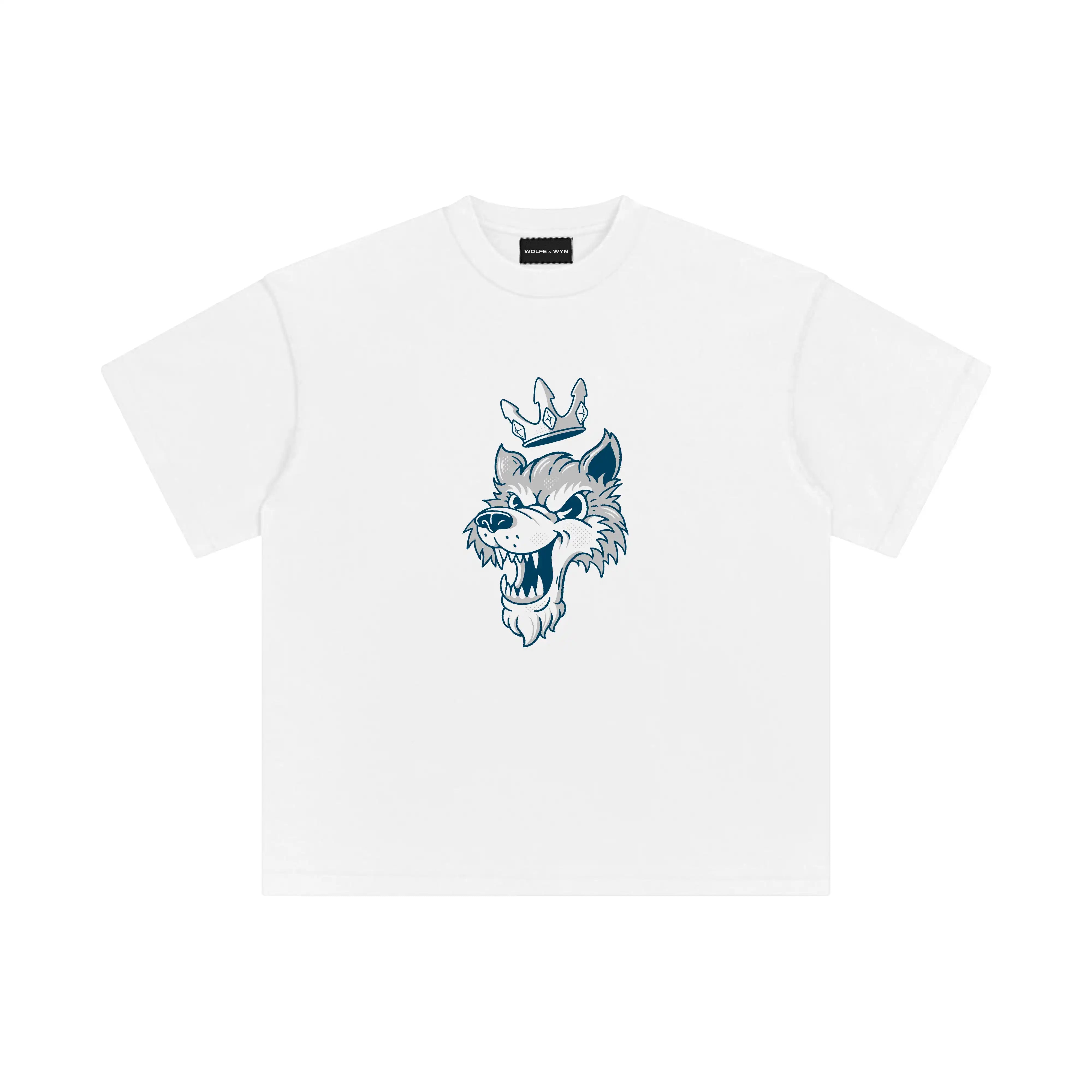 White t-shirt with a wolf graphic and crown on a white background