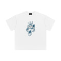 White t-shirt with a wolf graphic and crown on a white background