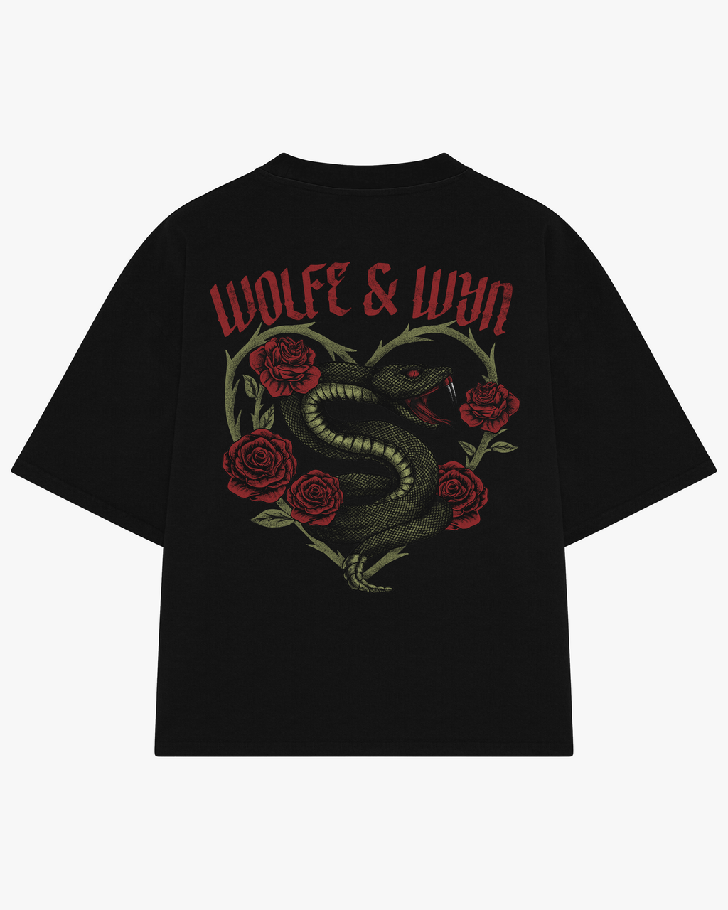Black t-shirt with snake and rose design and 'Wolfe & Win' text on a white background