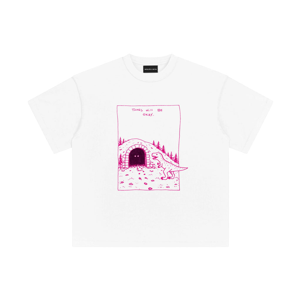 White t-shirt with pink graphic and text on a white background