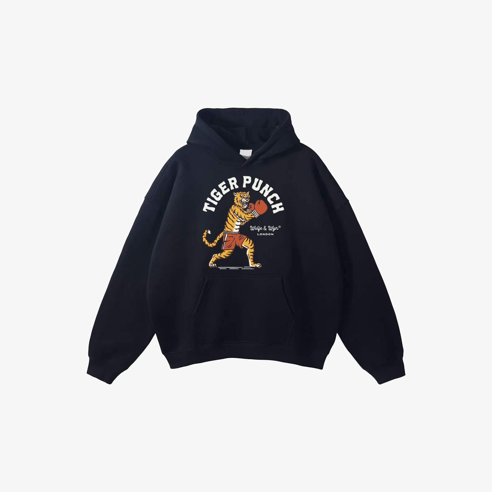 Black hoodie with tiger graphic and 'Tiger Punch' text on a white background