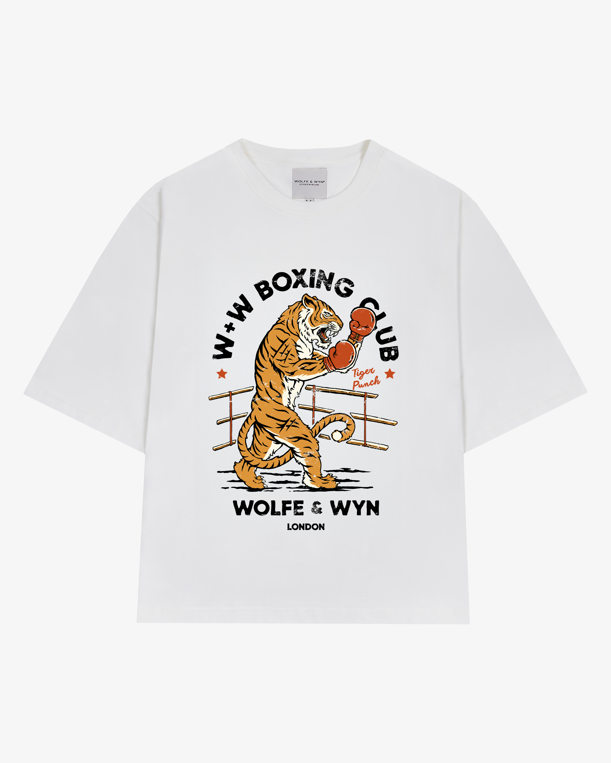 White tee with a tiger boxing graphic and text on a white background