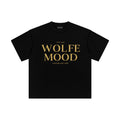 Black t-shirt with gold text 'WOLFE MOOD' on a white background