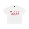 White t-shirt with red text 'WOLFE MOOD' on a white background