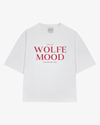 White t-shirt with red text 'WOLFE MOOD' on a white background
