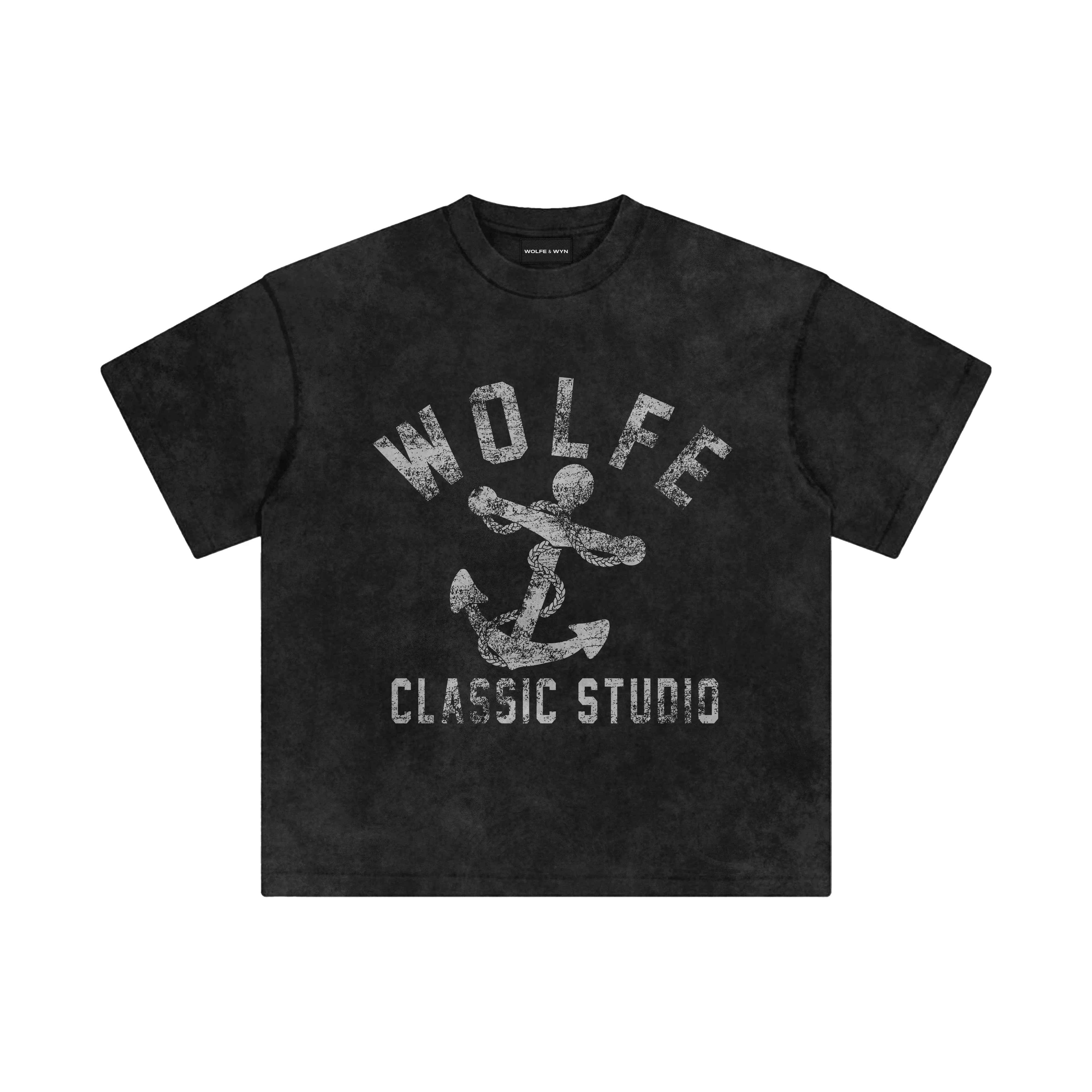 Black t-shirt with 'Wolfe Classic Studio' graphic on a white background