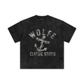 Black t-shirt with 'Wolfe Classic Studio' graphic on a white background