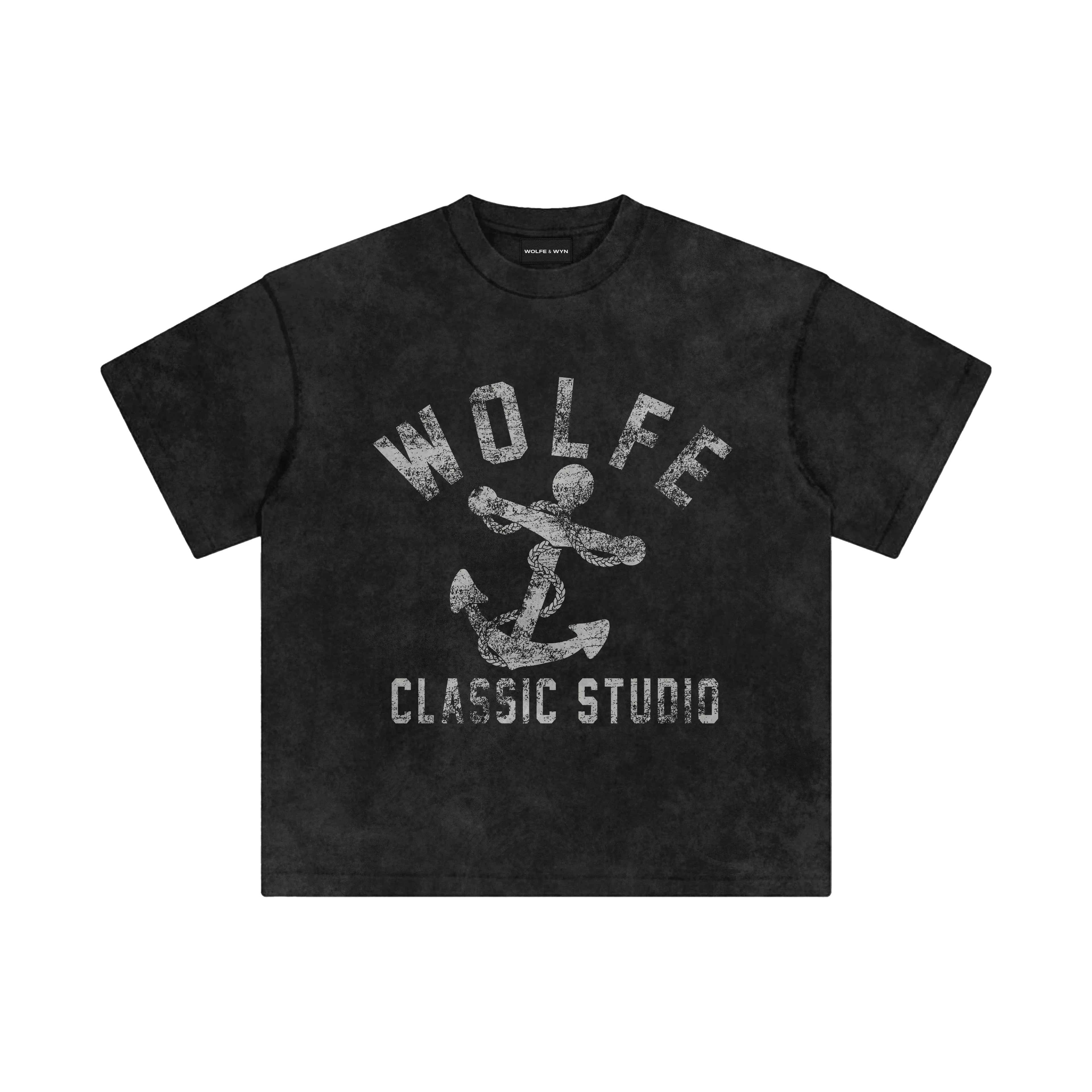 Black t-shirt with 'Wolfe Classic Studio' graphic on a white background