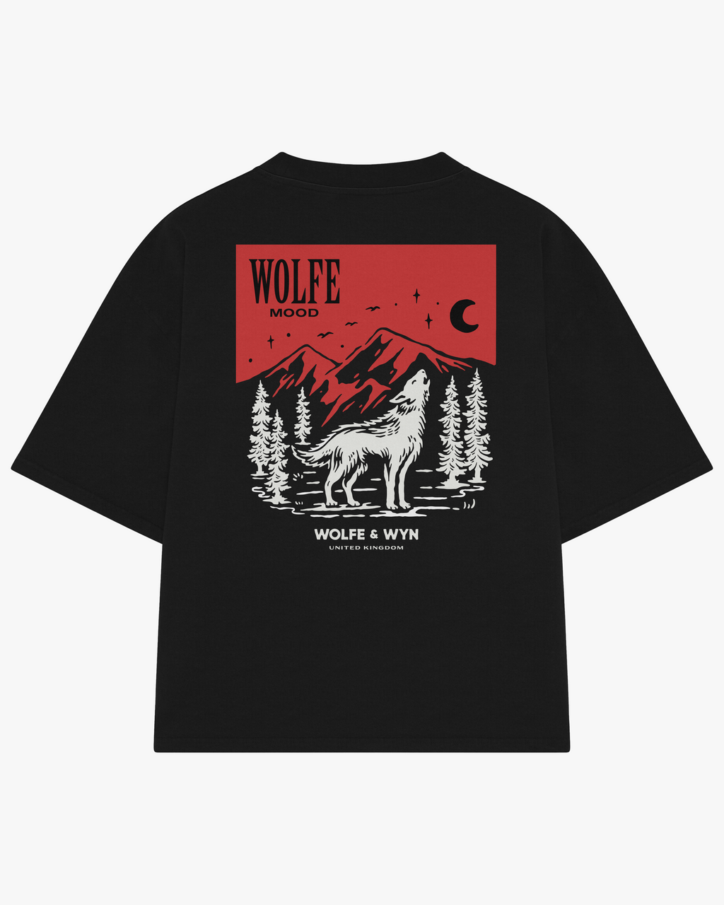 Black t-shirt with a wolf graphic and red square design on a white background