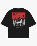 Black t-shirt with a wolf graphic and red square design on a white background