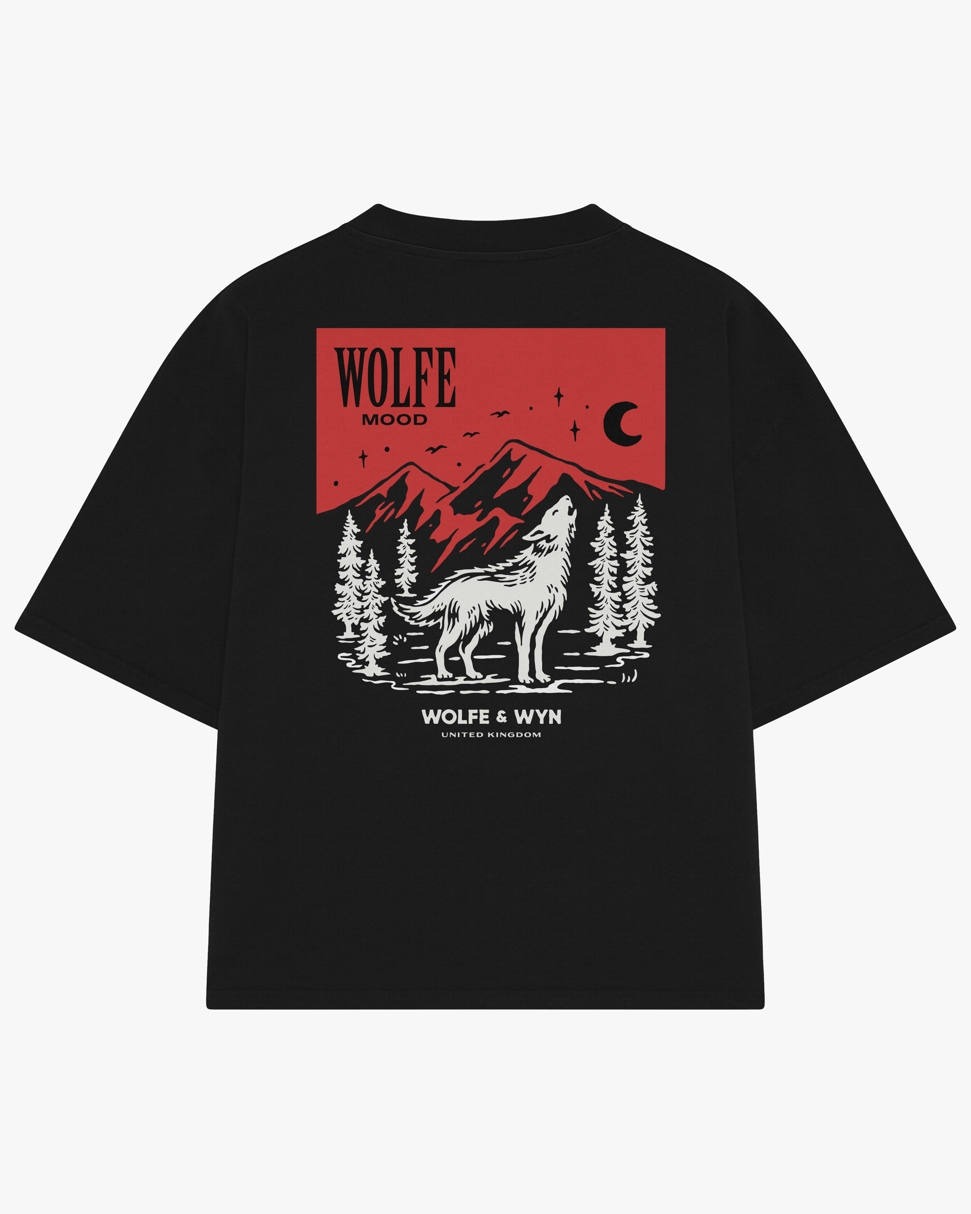 Black t-shirt with a wolf graphic and red square design on a white background