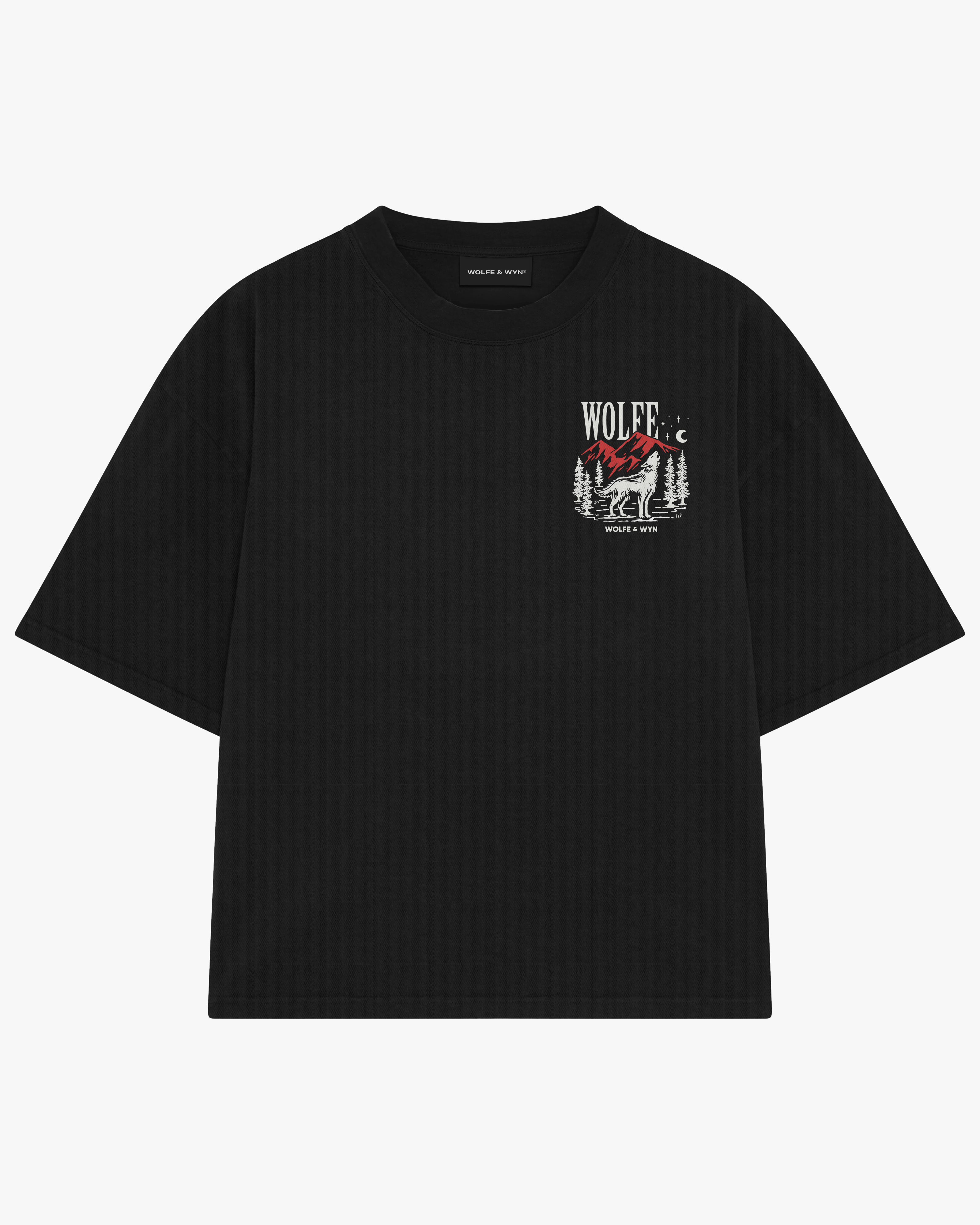 Black t-shirt with a wolf graphic and text on a white background